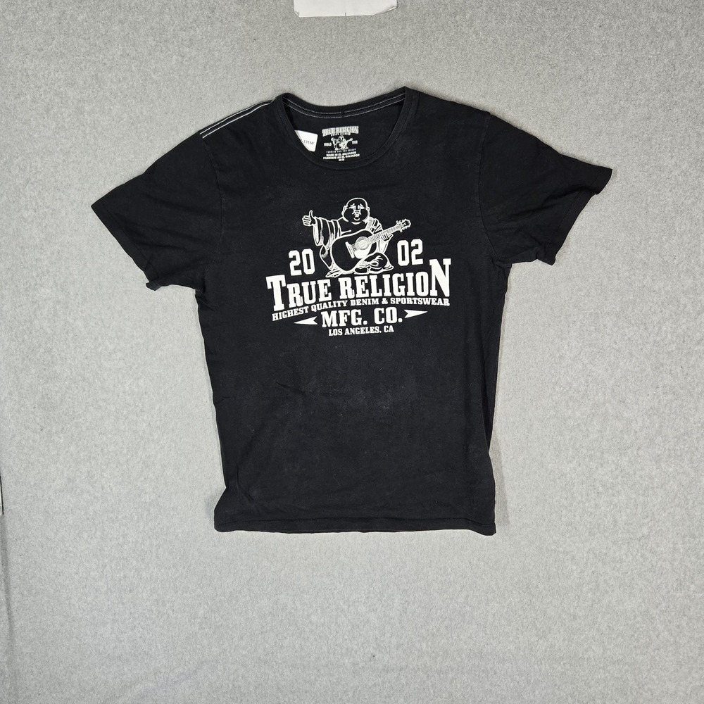 True Religion Men Shirt M/M Black Graphic Guitar Buddha Logo Short Sleeve